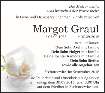 Traueranzeige von Margot Graul von WVG - Wochenspiegel Wittenberg