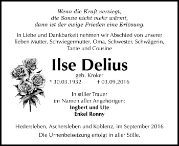 Traueranzeige von Ilse Delius von Mitteldeutsche Zeitung Quedlinburg