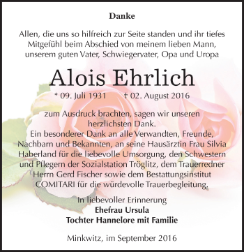 Traueranzeige von Alois Ehrlich von Mitteldeutsche Zeitung Zeitz