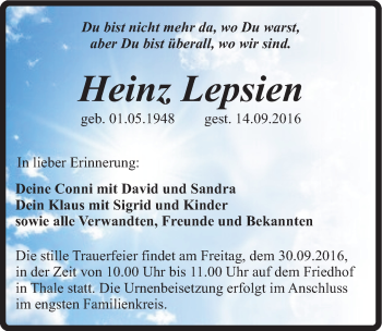 Traueranzeige von Heinz Lepsien von Mitteldeutsche Zeitung Quedlinburg