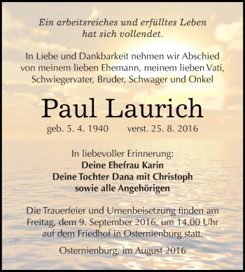 Traueranzeige von Paul Laurich von WVG - Wochenspiegel Dessau / Köthen