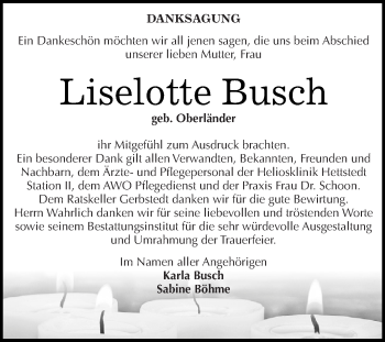 Traueranzeige von Liselotte Busch von Wochenspiegel Mansfelder Land