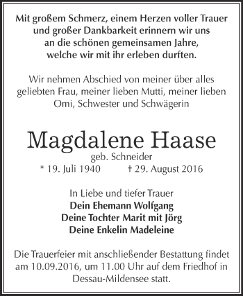 Traueranzeige von Magdalene Haase von WVG - Wochenspiegel Dessau / Köthen