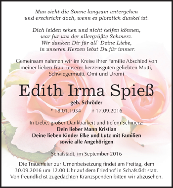 Traueranzeige von Edith Irma Spieß von Mitteldeutsche Zeitung Merseburg/Querfurt