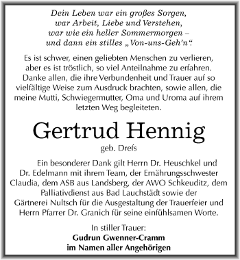 Traueranzeige von Gertrud Hennig von Mitteldeutsche Zeitung Halle/Saalkreis