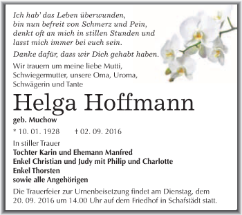 Traueranzeige von Helga Hoffmann von WVG - Wochenspiegel Merseburg