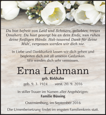 Traueranzeige von Erna Lehmann von Mitteldeutsche Zeitung Köthen