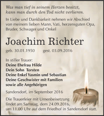 Traueranzeige von Joachim Richter von WVG - Wochenspiegel Bitterfeld