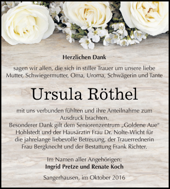 Traueranzeige von Ursula Röthel von Super Sonntag SGH Mansf. Land