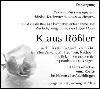Traueranzeige von Klaus Rößler von Super Sonntag SGH Mansf. Land