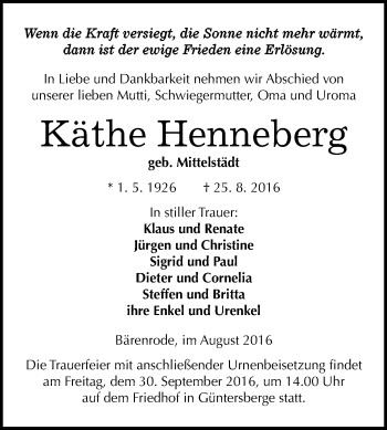 Traueranzeige von Käthe Henneberg von WVG - Wochenspiegel Quedlinburg