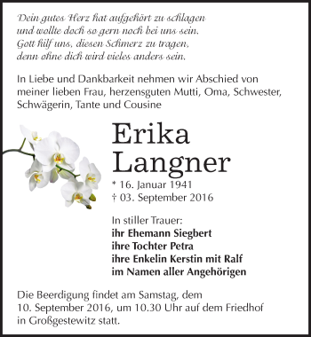 Traueranzeige von Erika Langner von Mitteldeutsche Zeitung Naumburg/Nebra
