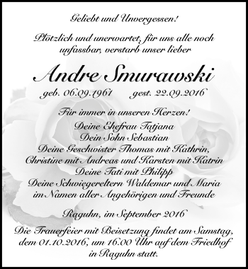 Traueranzeige von Andre Smurawski von Mitteldeutsche Zeitung Bitterfeld