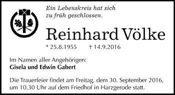 Traueranzeige von Reinhard Völke von Mitteldeutsche Zeitung Quedlinburg