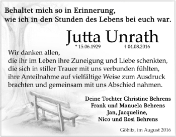 Traueranzeige von Jutta Unrath von Super Sonntag Zeitz