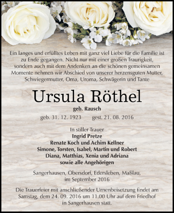 Traueranzeige von Ursula Röthel von Super Sonntag SGH Mansf. Land