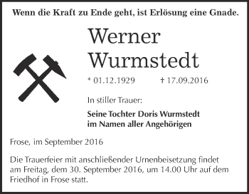 Traueranzeige von Werner Wurmstedt von Super Sonntag Aschersleben