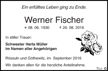 Traueranzeige von Werner Fischer von WVG - Wochenspiegel NMB / WSF / ZTZ