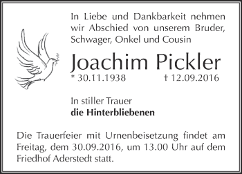 Traueranzeige von Joachim Pickler von Super Sonntag Bernburg