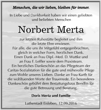 Traueranzeige von Norbert Merta von Mitteldeutsche Zeitung Mansfelder Land