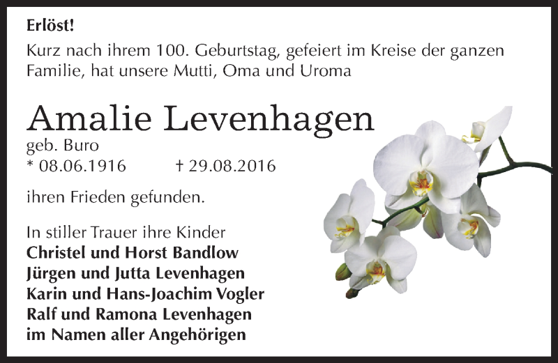  Traueranzeige für Amalie Levenhagen vom 10.09.2016 aus Mitteldeutsche Zeitung Dessau-Roßlau