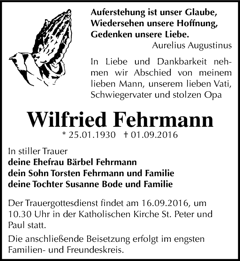  Traueranzeige für Wilfried Fehrmann vom 14.09.2016 aus Mitteldeutsche Zeitung Dessau-Roßlau