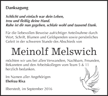 Traueranzeige von Meinolf Melswich von Super Sonntag Bernburg