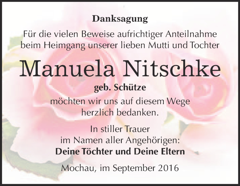  Traueranzeige für Manuela Nitschke vom 01.10.2016 aus Super Sonntag Wittenberg