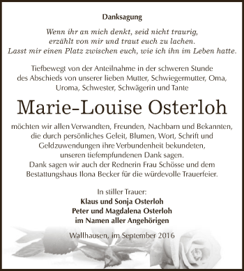 Traueranzeige von Marie-Louise Osterloh von Super Sonntag SGH Mansf. Land