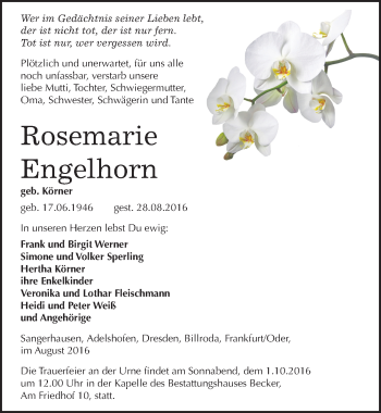 Traueranzeige von Rosemarie Engelhorn von Mitteldeutsche Zeitung Sangerhausen