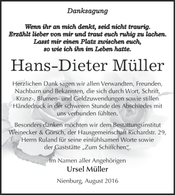 Traueranzeige von Hans-Dieter Müller von Super Sonntag Bernburg