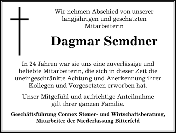 Traueranzeige von Dagmar Semder von Mitteldeutsche Zeitung Bitterfeld