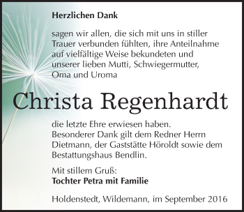 Traueranzeige von Christa Regenhardt von Mitteldeutsche Zeitung Sangerhausen