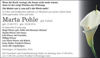 Traueranzeige von Marta Pohle von Super Sonntag Aschersleben