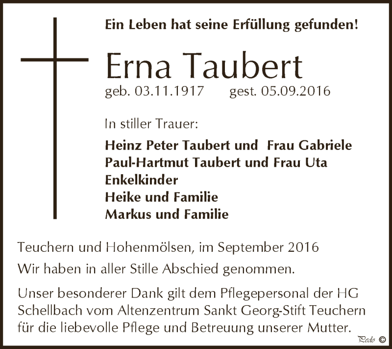  Traueranzeige für Erna Taubert vom 14.09.2016 aus WVG - Wochenspiegel NMB / WSF / ZTZ