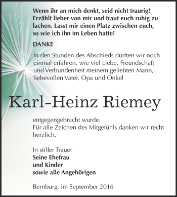 Traueranzeige von Karl Heinz Riemey von Super Sonntag Bernburg