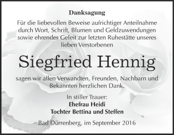 Traueranzeige von Siegfried Hennig von Super Sonntag Merseburg
