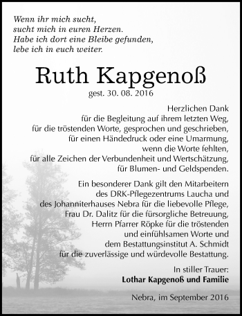 Traueranzeige von Ruth Kapgenoß von Mitteldeutsche Zeitung Naumburg/Nebra