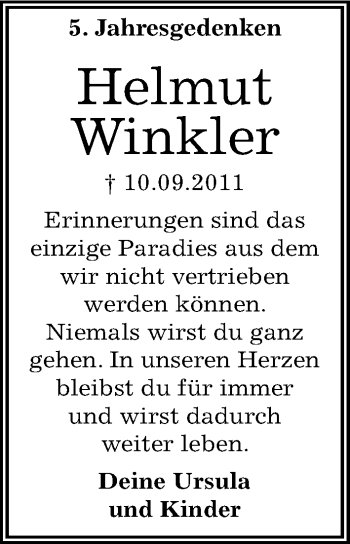 Traueranzeige von Helmut Winkler von Mitteldeutsche Zeitung Köthen