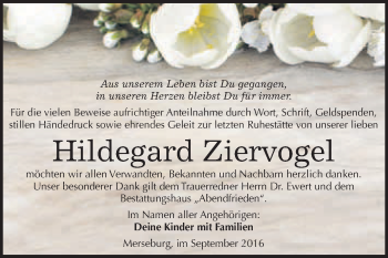 Traueranzeige von Hildegard Ziervogel von WVG - Wochenspiegel Merseburg