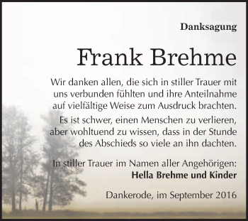 Traueranzeige von Frank Brehme von WVG - Wochenspiegel Quedlinburg