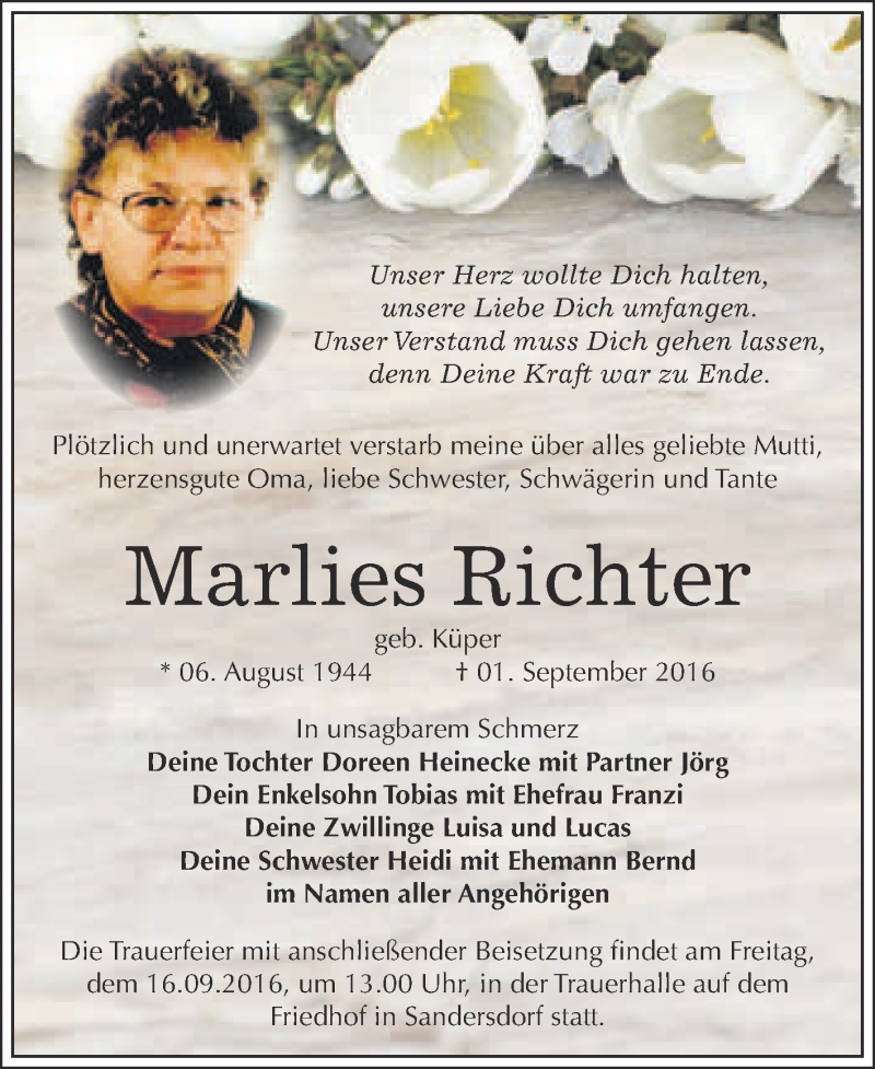  Traueranzeige für Marlies Richter vom 14.09.2016 aus WVG - Wochenspiegel Bitterfeld