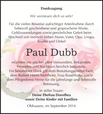 Traueranzeige von Paul Dubb von WVG - Wochenspiegel Merseburg