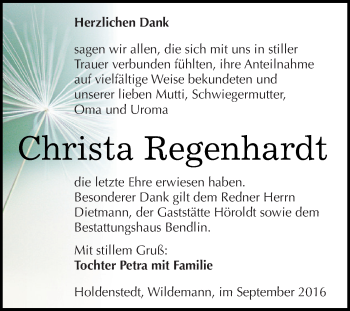 Traueranzeige von Christa Regenhardt von Super Sonntag SGH Mansf. Land