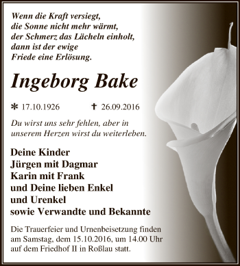 Traueranzeige von Ingeborg Bake von WVG - Wochenspiegel Dessau / Köthen