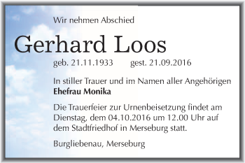Traueranzeige von Gerhard Loos von WVG - Wochenspiegel Merseburg