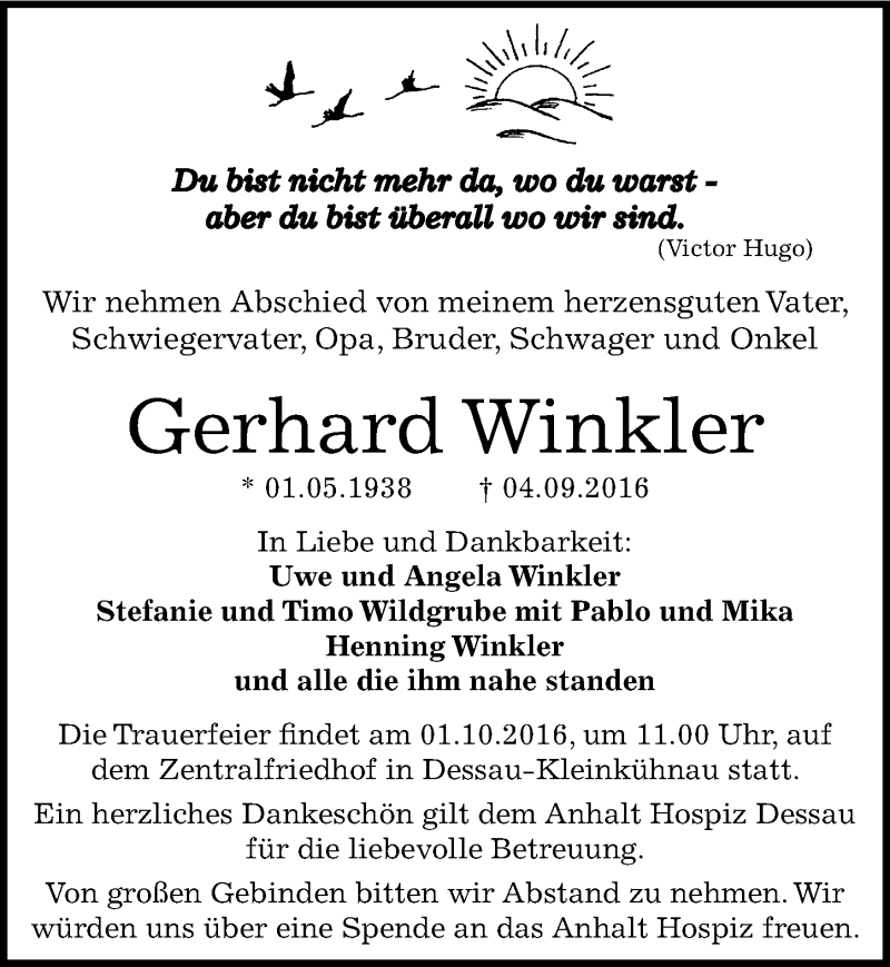  Traueranzeige für Gerhard Winkler vom 24.09.2016 aus Mitteldeutsche Zeitung Dessau-Roßlau