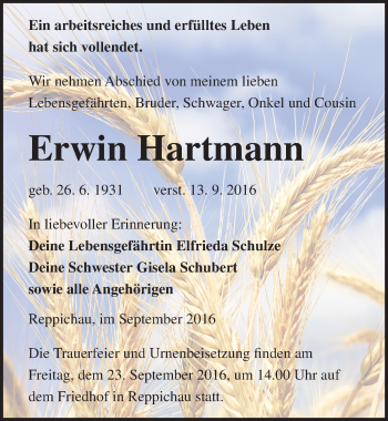 Traueranzeige von Erwin Hartmann von Mitteldeutsche Zeitung Köthen