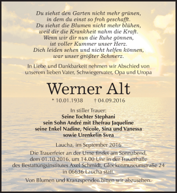 Traueranzeige von Werner Alt von Mitteldeutsche Zeitung Naumburg/Nebra