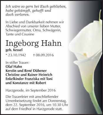 Traueranzeige von Ingeborg Hahn von WVG - Wochenspiegel Quedlinburg